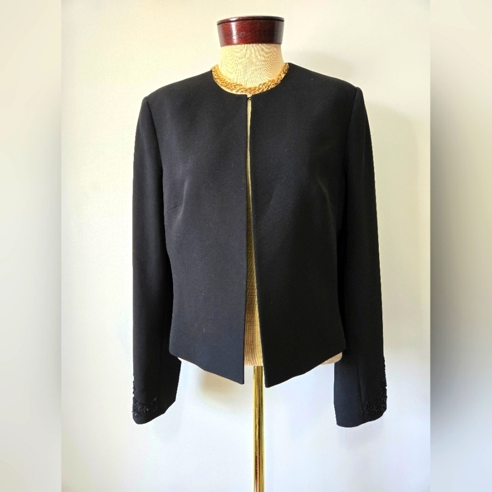 ALBERT NIPON Vintage Designer Black Blazer With Beaded Sleeves. Size 12